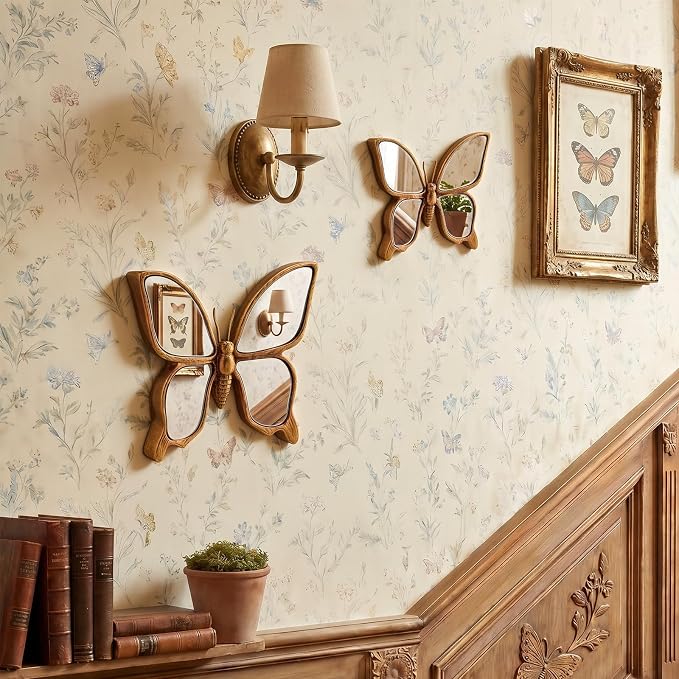 Fumete 2 Pcs Butterfly Mirror Wall Decor Vintage Gold Resin Insect Art Decorative Wall Mirror Retro Hanging Bug Animal Glass Mirrors Garden Nature Gift for Summer Wedding Home Accent Housewarming - Image 4