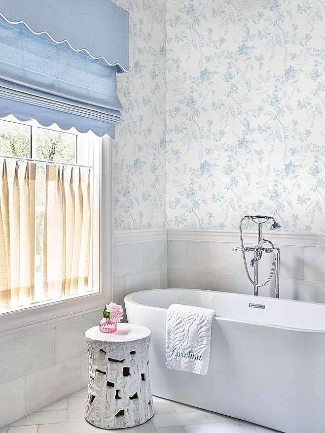 Dimoon 17.3''x197'' Blue Peel and Stick Wallpaper Floral Modern Light Blue Contact Paper White Bird Kitchen Wallpaper Removable Bathroom Renter Friendly Waterproof Embossed Bedroom Vinyl Roll - Image 9