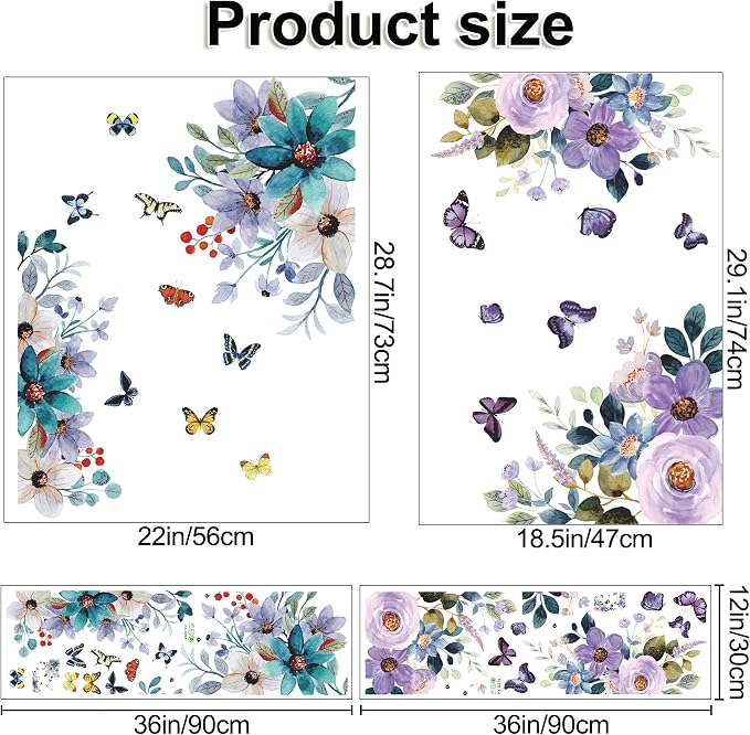 LiveGalleryWatercolor Blue Purple Flowers Wall Stickers Color Painting Rose Wall Decals DIY Vinyl Peel and Stick Butterflies Flora Mural for Girls Bedroom Living Room TV Sofa Backdrop Home Decoration - Image 2