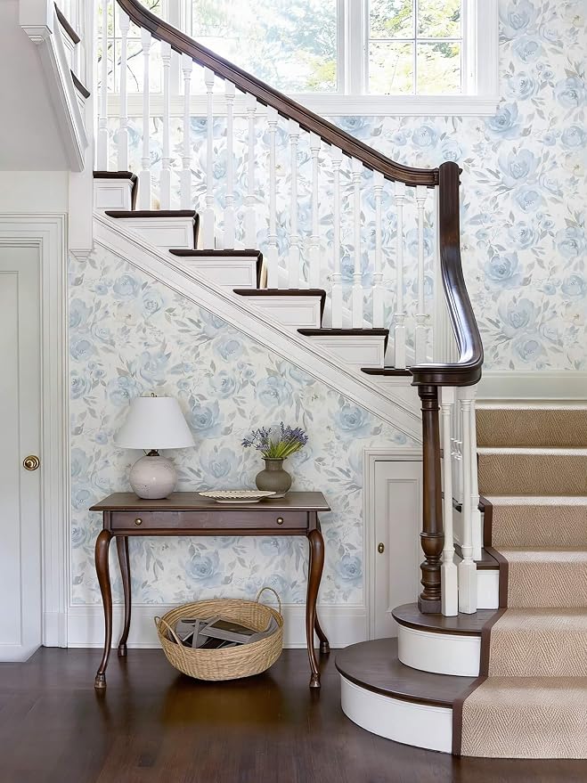 Ismoon Blue Floral Peel Stick Wallpaper Boho Watercolor Stick on Wall Paper | 17.3x78.7in Light Blue Contact Paper Removable Self Adhesive Vinyl Wallpaper for Bedroom Accent Wall Cabinet Decor - Image 5