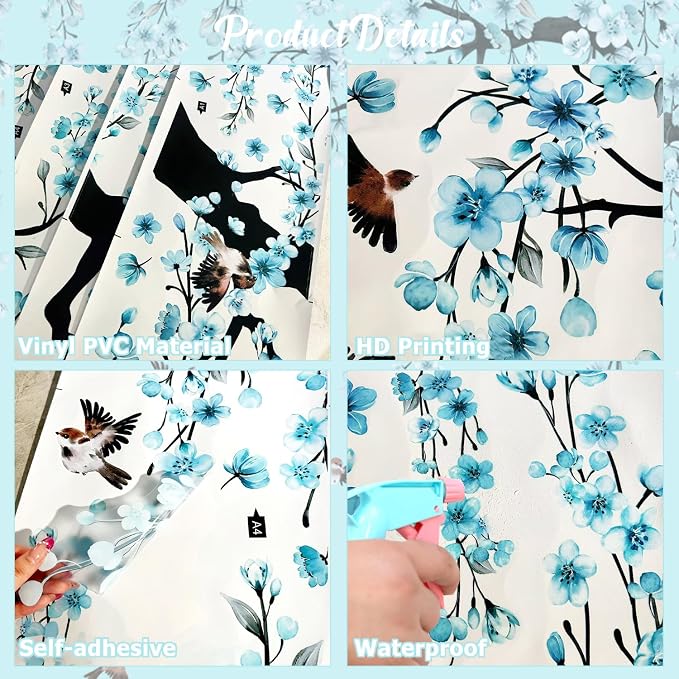 Lilac 4 Sheets Large Blue Cherry Blossom Tree Wall Stickers | Spring Blue Flower Bird Wall Decals Waterproof Wall Murals Decor for Living Room Bedroom (Blue, 11.8 * 35.4inch) - Image 6