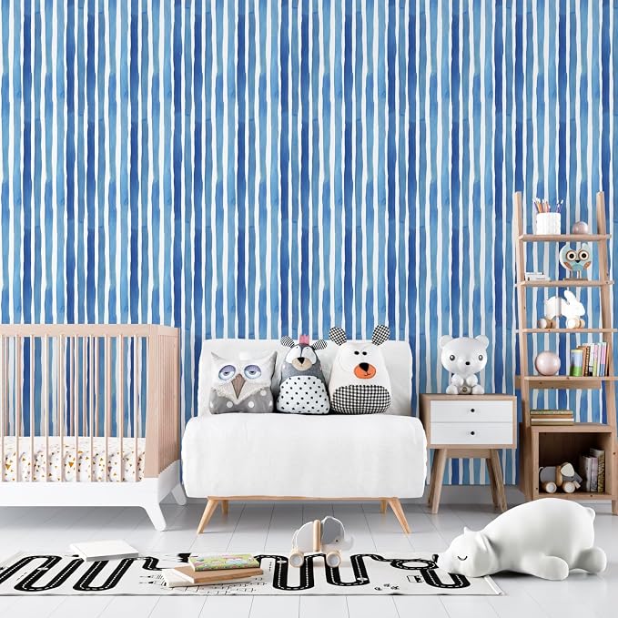 Watercolor Blue Vertical Stripe Peel and Stick Wallpaper 17.3" x 197" Modern Abstract Geometric Contact Paper, Waterproof Self-Adhesive Removable Vinyl Wallpaper for Bedroom, Cabinets, Bathroom Decor - Image 2