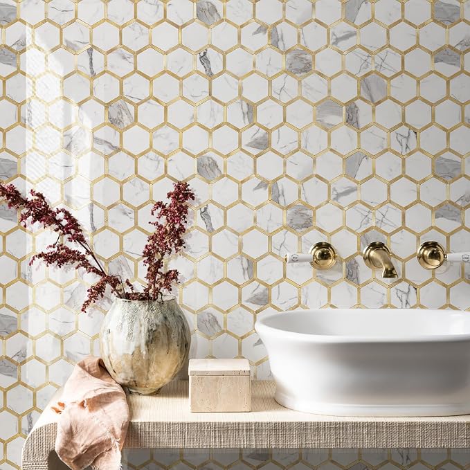 STICKGOO Hexagon Peel and Stick Backsplash Tile, Stick on Backsplash for Kitchen and Bathroom, Glossy Carrara White PVC Mixed Metal Gold Self Adhesive Wall Tiles(10 Sheets, Seamless) - Image 5