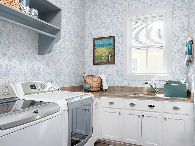 Peel and Stick Wallpaper for Bedroom Blue and White Damask Waterproof | 196"×17.3" Blue Modern Damask Watercolor Wallpaper Vintage Accent Wall Decor with Grid Lines for Bathroom Self-adhesive - Image 6