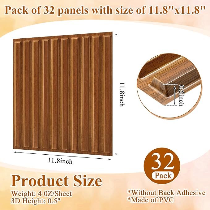 Nuanchu 32 Pcs 3D Wall Panels, 12"x12" PVC Fluted Tiles, Walnut | Waterproof Accent Panels, Paintable Wall Tiles, for TV Background, Bedroom, Bathroom, Gaming Room, Cuttable Home DIY Decor - Image 2
