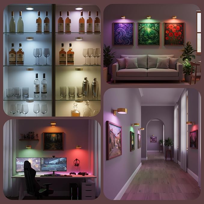 Picture Lights for Wall, Rechargeable Battery Wireless Poster Lights, Gold | LED Magnetic Painting Light with Remote Dimmable, Timer＆13 RGB Colors, Wall Decor Puck Light for Frame Art Display, 3 Pack - Image 9
