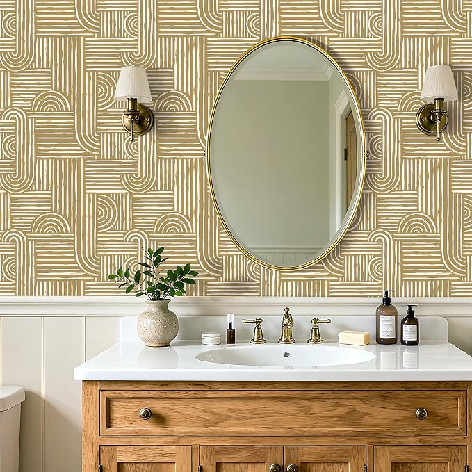 Livelynine 17.5x276 Abstract Modern Wallpaper Peel and Stick Mid Century Modern Geometric Wallpaper for Bathroom Cubicle Bedroom Accent Wall White Gold Contact Paper Drawers Cabinets Renter Friendly - Image 2