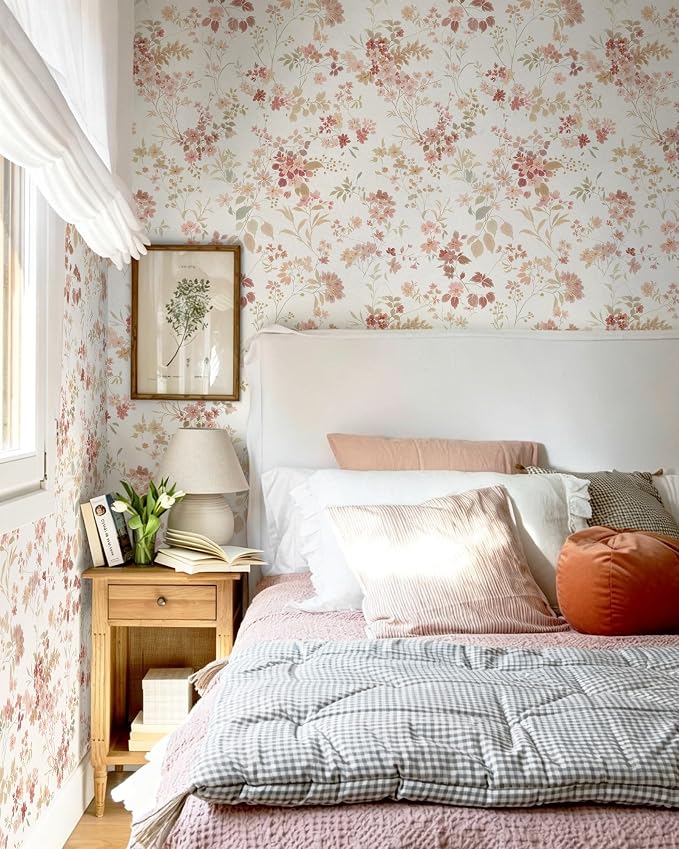 Dimoon Boho Peel and Stick Wallpaper Pink Floral Contact Paper 17.3x78.7in |Vintage Flower Leaf Botanical Renter Friendly Removable Self Adhesive Stick on Wall Paper Decor for Bathroom Bedroom Vinyl - Image 7