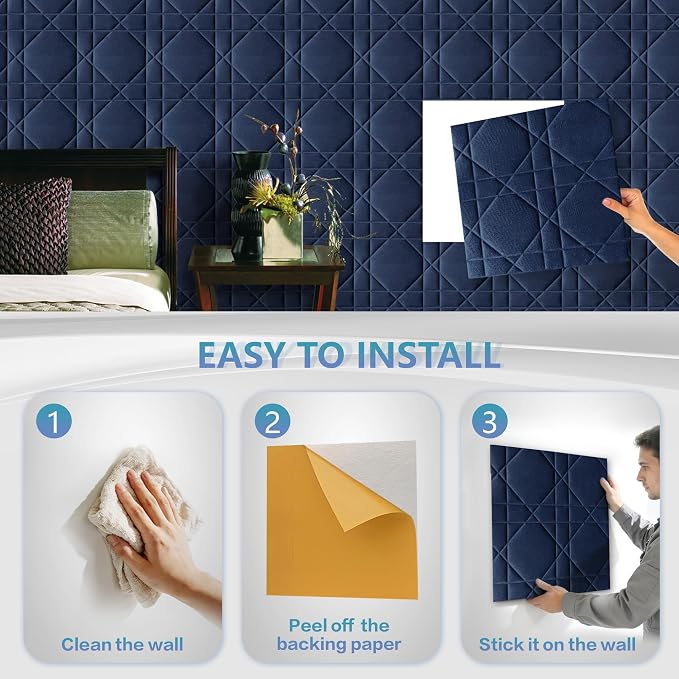 Velvet 3D wall Panels for Interior wall Decor Peel and Stick, Soundproof Geometric Textured 3D Wall Panels for Living Room, Bedroom, TV Background 17.7" x 17.7" 12pcs (Navy Blue) - Image 4