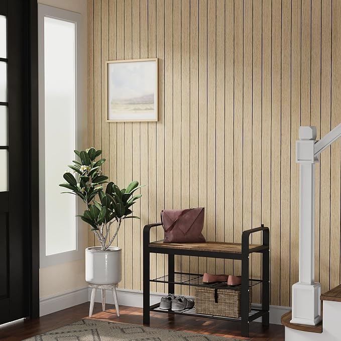 VEELIKE 30''x118'' Large Roll Wood Slat Wall Panel Peel and Stick Light Oak Slat Wallpaper for Bedroom Living Room Self Adhesive Foam Slat Wood Panels for Interior Wall Decor Ceiling TV Background - Image 2