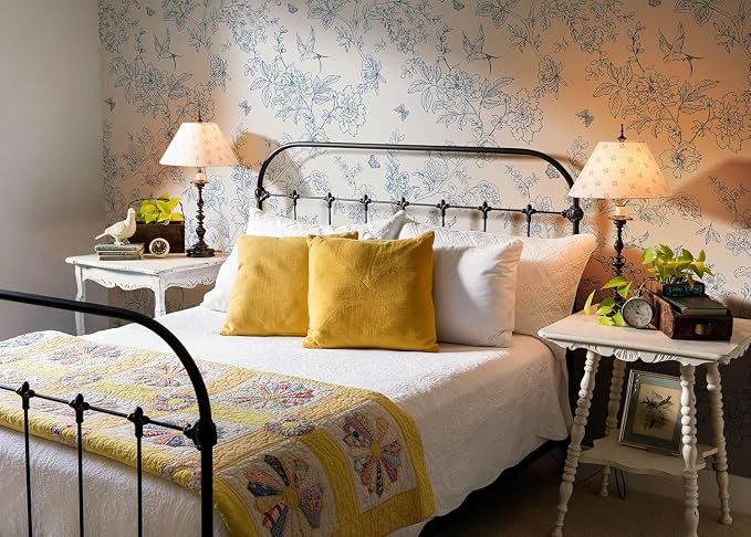 Froluya Cream White and Blue Peel and Stick Wallpaper Floral Contact Paper | 17.7in×590.5in Blue Floral Wallpaper Peel and Stick Vintage Flower Bird Self Adhesive Removable Wall Paper for Bathroom Vinyl - Image 4