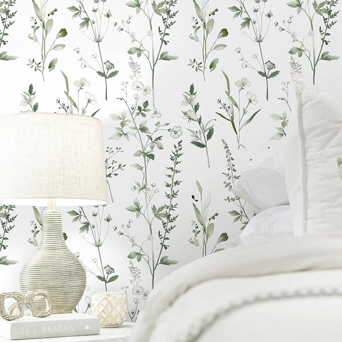 Peel and Stick Wallpaper for Bedroom Green Leaves Self-Adhesive | 393"×17.3" Green and White Wallpaper Fresh Accent Wall Decor with Grid Lines for Bathroom Vinyl Waterproof by Fiula