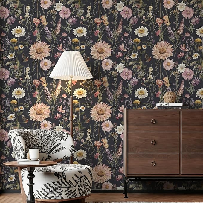 Livebor Dark Floral Peel and Stick Wallpaper for Bathroom 16.9” x 118.1” | Vintage Floral Contact Paper Waterproof Birds Boho Flower Self Adhesive Removable Wall Paper Decorative for Cabinets Vinyl - Image 7