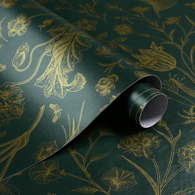Dark Green and Gold Floral Peel and Stick Wallpaper 17in x118in | Floral Wallpaper Boho Removable Contact Paper Botanical Self Adhesive Decor Flower Wall Paper for Cabinets Bathroom - Image 5