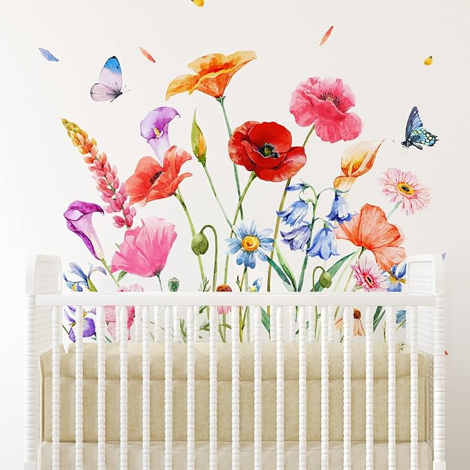 Zonon 6 Pcs Flower Wall Decals Peel and Stick Sticker, Exquisite | Vinyl Removable Wall Stickers & Murals, Colorful Butterfly Wall Decals, Poppy Wildflower Decor for Bedroom, Living Room - Image 3