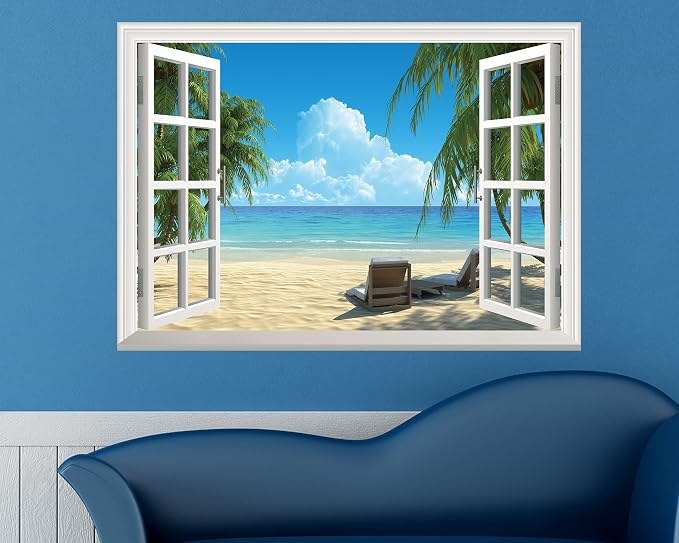FLFK Fake Window Wall Sticker - Summer Beach Faux Window Wall Mural for Wall Decor, Stick and Peel Wall Decals,16"x24" - Image 3