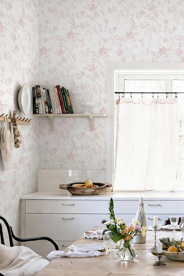 Dimoon Pink Peel and Stick Wallpaper Floral Contact Paper Boho Modern Cottage Wall Paper White Bird Village Wallpaper Renter Friendly Botanical Waterproof for Bathroom Kitchen 78.7"x17.3" - Image 7