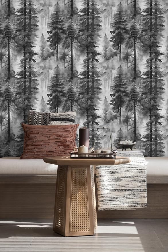 HAOKHOME Forest Wallpaper Peel and Stick Black White Mural 17.3in x 32.8ft | Extra Long Self Adhesive Wall Paper Tree Landscape Mountain Botanical Textured Removable Waterproof for Bathroom Bedroom - Image 6