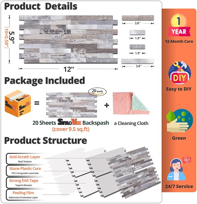 StyloVue 20 Sheets Peel and Stick Backsplash, Distressed Wood with Metal Silver Self Adhesive Wall Tiles Upgrade Your Kitchen Backsplash, RV, Fireplace - Image 5
