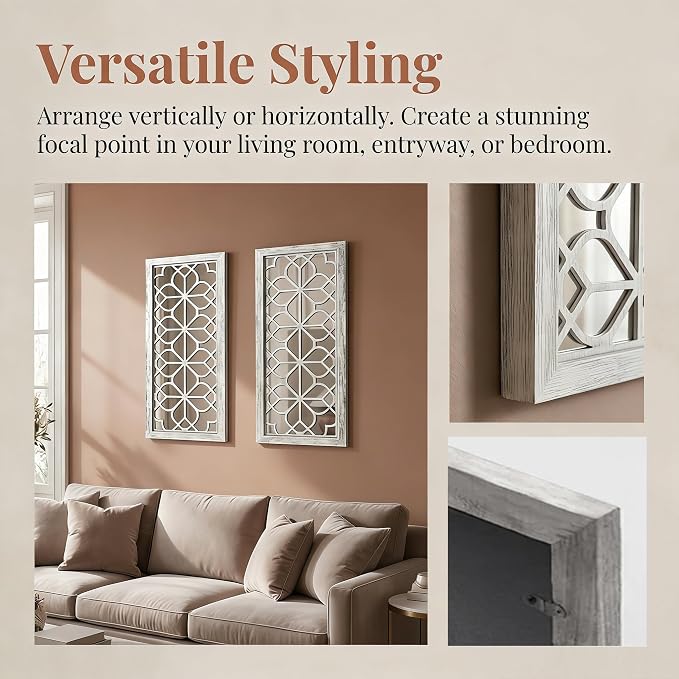 Set of 2 13x30 Inch Large Grey Shatterproof Carved Floral Wood Frame Wall Mirrors, Boho Farmhouse Rustic Accent Mirrors for Living Room Bedroom Bathroom & Home Decor - Image 4