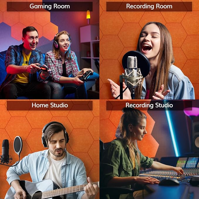 Self-adhesive Hexagon Acoustic Panels 12 Pack, TONOR 12"x 10"x 0.4" High Density Sound Proof Panels Tiles for Walls, Absorbing Noise and Eliminating Echoes Acoustic Foam for Home Studio Orange - Image 6