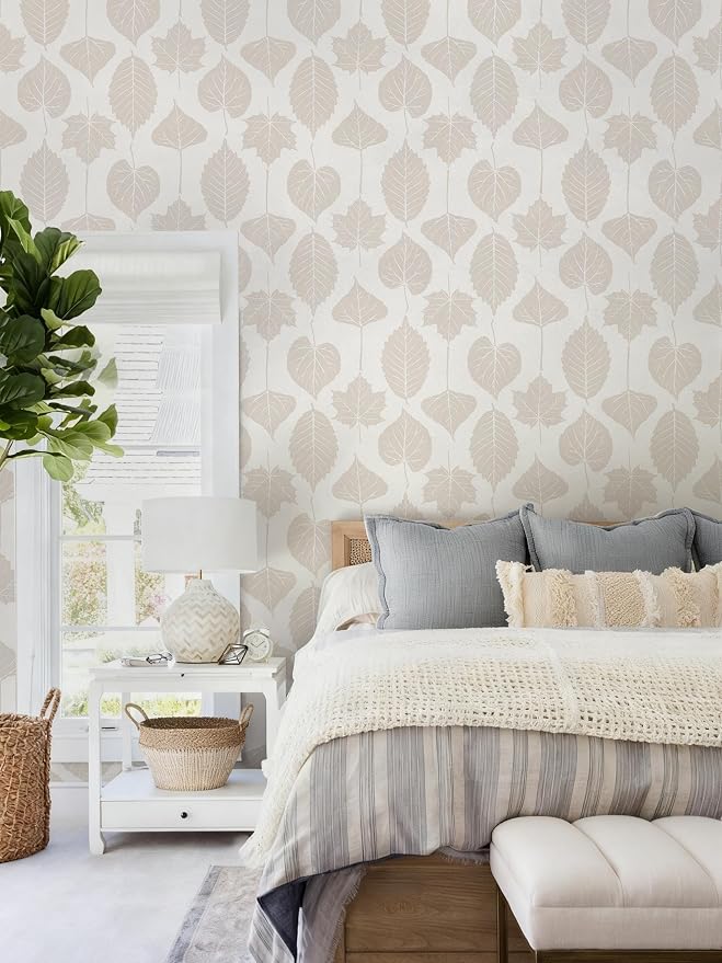 Dimoon Modern Peel and Stick Wallpaper Beige Leaf Contact Paper Botanical Wallpaper Boho Renter Friendly Removable Geometric Wall Paper for Bedroom Kitchen Textured 17.3''x394'' - Image 8