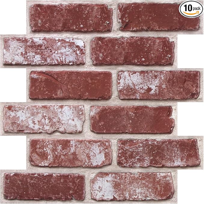 3D Faux Brick Wall Panels Peel and Stick, Designed for Quick DIY | Whitewash Red, 10 Pcs 11.8" x 11.8", Small Brick-Look, Light PVC Fake Brick Covering for Wall Renovation, Cover 9.7 sq ft by SMOOSTIKCDECOR