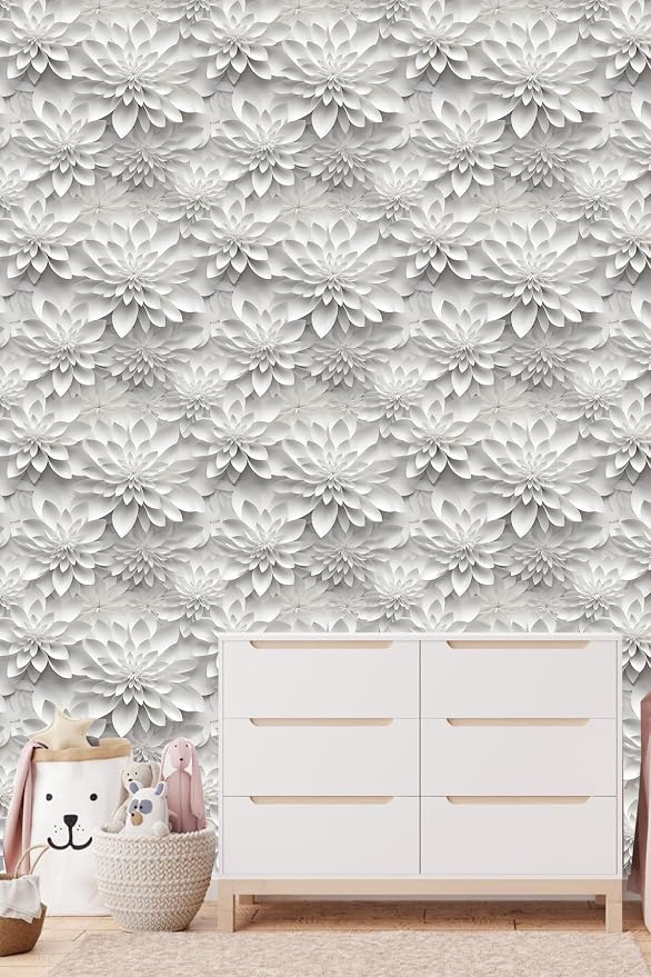 Peel and Stick Wallpaper White Gray Lotus Floral Feature - Image 4