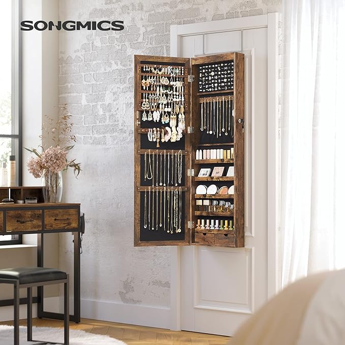 SONGMICS 6 LEDs Mirror Jewelry Cabinet, 47.2-Inch Tall, Lockable - Image 2
