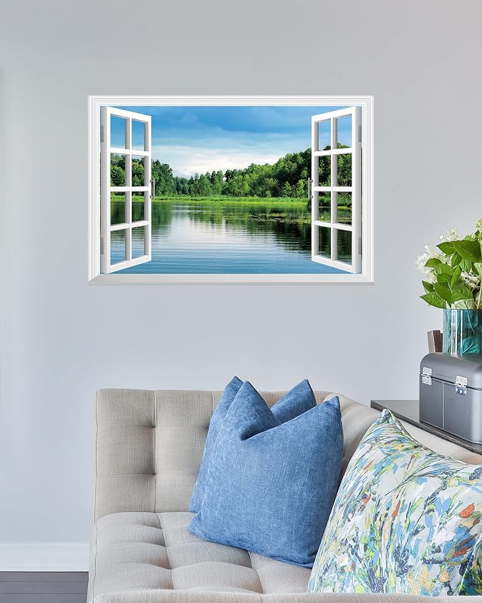 FLFK Fake Window Wall Sticker, Lake Forest Nature View Peel and Stick Mural, White Frame, Self-Adhesive Removable Decal, 24 x 16 Inches, Easy Peel and Stick, for Home, Office, Bedroom Decor - Image 4