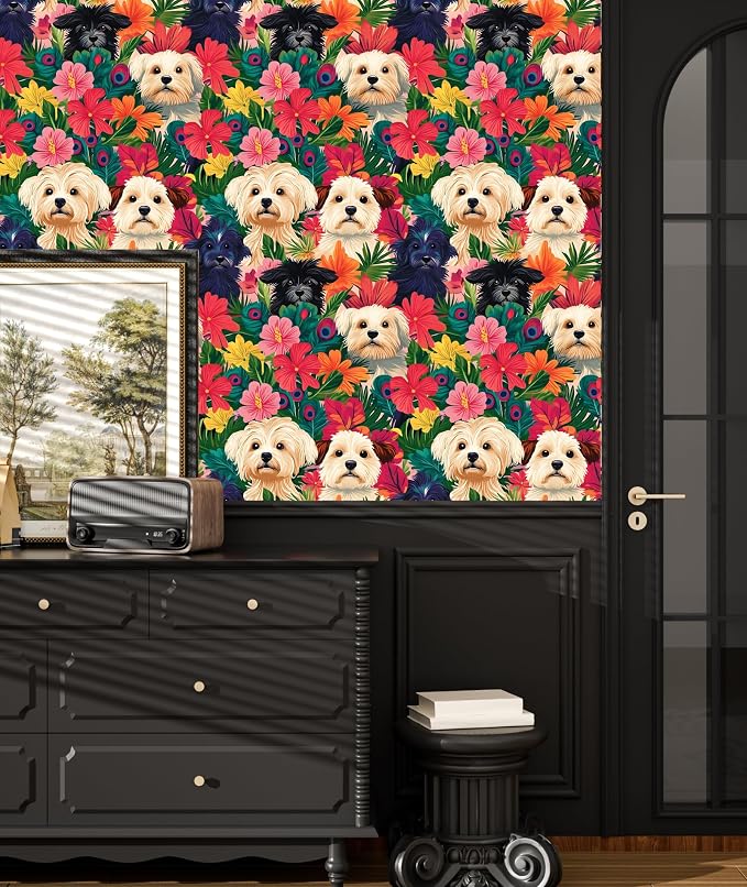 BOKEBEVE Dogs Floral Wallpaper Peel and Stick Boho Colorful 17.5 x 393.5In | Extra Long Removable Renter Friendly Vintage Floral Wall Paper for Bedroom Bathroom Cabinet Drawer Feature Accent Wall - Image 2