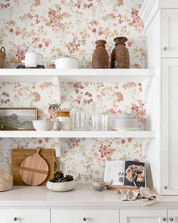 Dimoon Boho Peel and Stick Wallpaper Pink Floral Contact Paper 17.3x78.7in |Vintage Flower Leaf Botanical Renter Friendly Removable Self Adhesive Stick on Wall Paper Decor for Bathroom Bedroom Vinyl - Image 2