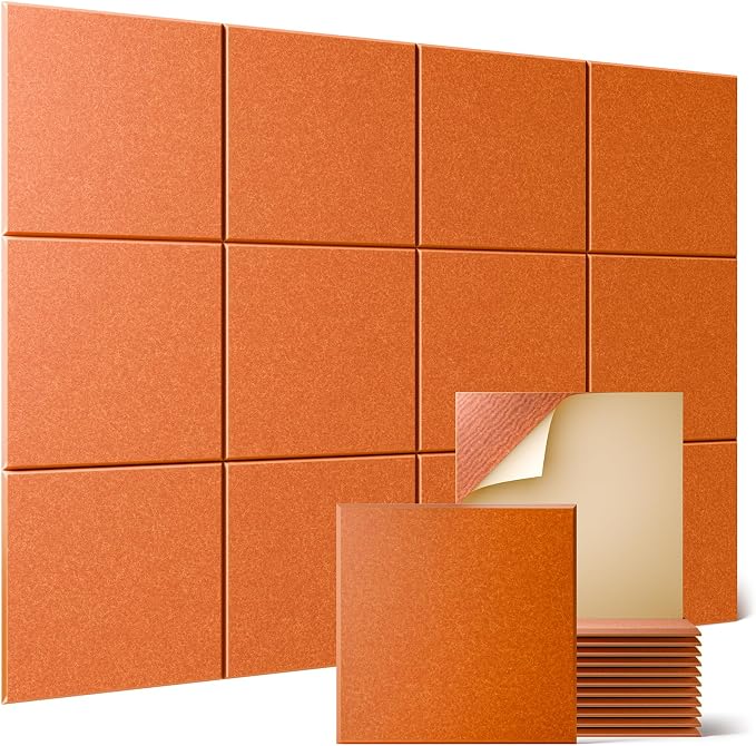 Sonicism 12 Pack Acoustic Wall Panels with Self-Adhesive, 12" X 12" X 0.4" Sound Proof Foam Panels, Decorative Soundproof Wall Panels, Sound Proof Absorbing Tiles for Home & Offices, Orange by Sonicism