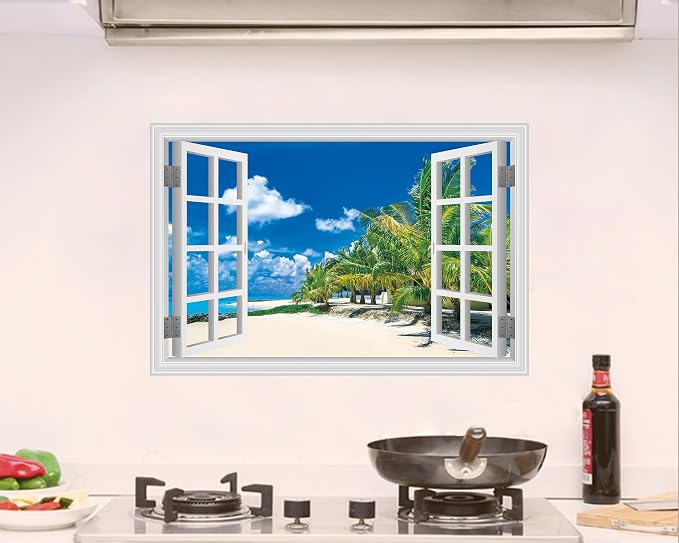 FLFK Fake Window Wall Sticker, White Frame Tropical Beach Scene, Peel and Stick Removable Wall Decal, Paradise Ocean View with Palm Trees, 24 x 16 Inches, Modern Style, Indoor Use - Image 4