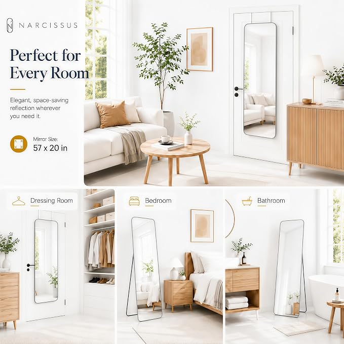 NARCISSUS Full Length Mirror 57x20 Inch, Over The Door Mirror with Stand, Wall Mounted or Freestanding/Door Hanging Full Body, Aluminum Alloy Frame, Silver - Image 4