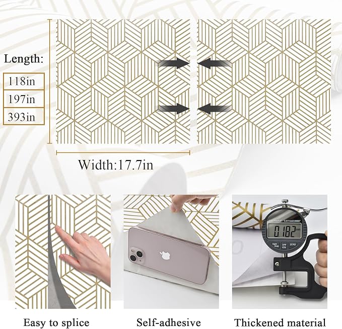 MelunMer Geometric Contact Paper Peel and Stick Wallpaper Gold 17.7”×118” | Self Adhesive, Removable Wallpaper for Bedroom/Bathroom Waterproof, Modern Contact Paper for Cabinets Liner Easy to Install - Image 3