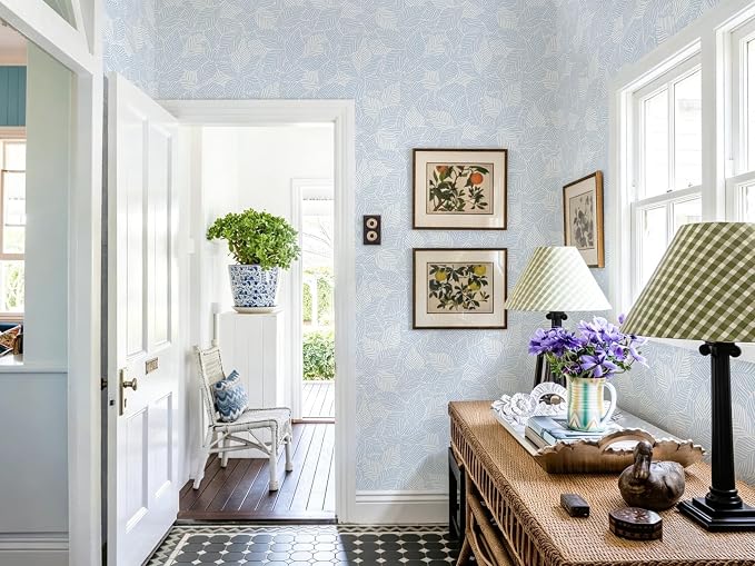 Dimoon Blue Peel and Stick Wallpaper Geometric Contact Paper for Bathroom Kitchen Striped Botanical Stick on Wall Paper Leaf Boho Removable Wallpaper Renter Friendly Vinyl Waterproof 17.3''x197'' - Image 7
