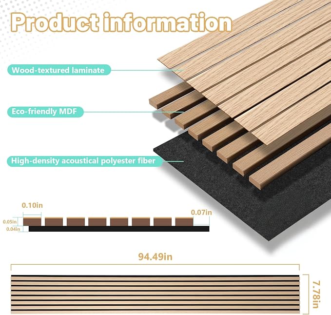 Wood Slat Acoustic Panels, 94.5 x 12.6 Inch, White Oak, 2 PCS | (16.5ft²) 3D Wall Panels, Interior Wall Decor Noise Cancelling, Fluted Sound Absorbing Panel for Office,Home,Theater,Studio - Image 3