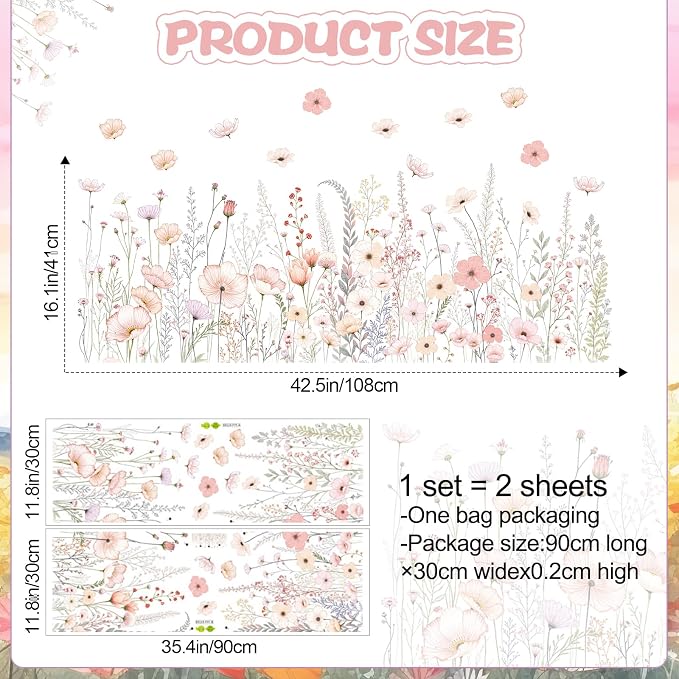 2 Pack Floral Baseboard Wall Stickers - Removable Peel & Stick Decals (3 Styles: Reeds, Flowers, Dandelions) - DIY Home Decor for Kids Girls Walls, Nursery, Classroom Wall Corner (Flower) - Image 2