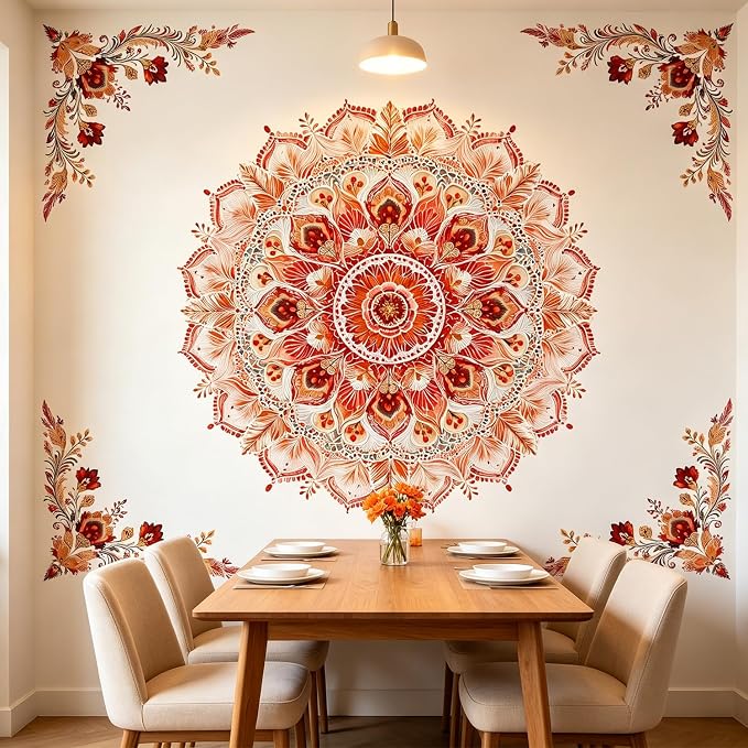 Watercolor Boho Floral Flower Mandala Peel and Stick Wall Decals Decor | Red orange mandala flowers wall stickers mural, classic removable vinyl decor for living room bedroom meditation space decor - Image 6