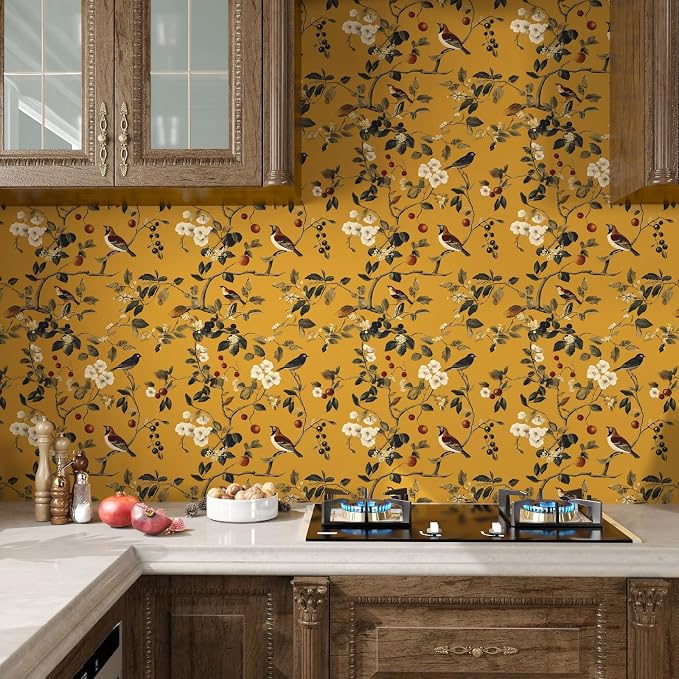 Laatse Vintage Yellow Floral Bird Wallpaper Peel and Stick 17.5"x393" | Self Adhesive/Removable/Waterproof/Thick Vinyl Contact Paper for Bathroom Bedroom Shelf Cabinet Drawer,Prepasted,Easy Peel - Image 2