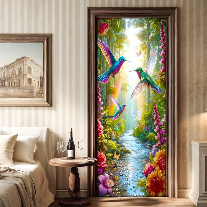 HOMETITUTE Hummingbird Forest Stream Peel Stick Door 30.3x78.7 PVC | Wall Cover Poster Decals Removable Wallpaper Self Adhesive Livingroom Bedroom - Hummingbird - Image 6