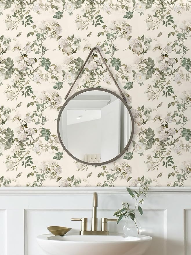 Wudnaye Green Floral Peel and Stick Wallpaper Vintage Flower 16.9"×393" | Botanical Peel and Stick Wallpaper Green Beige Rose Self Adhesive Removable Contact Paper Waterproof for Kitchen Bathroom - Image 4