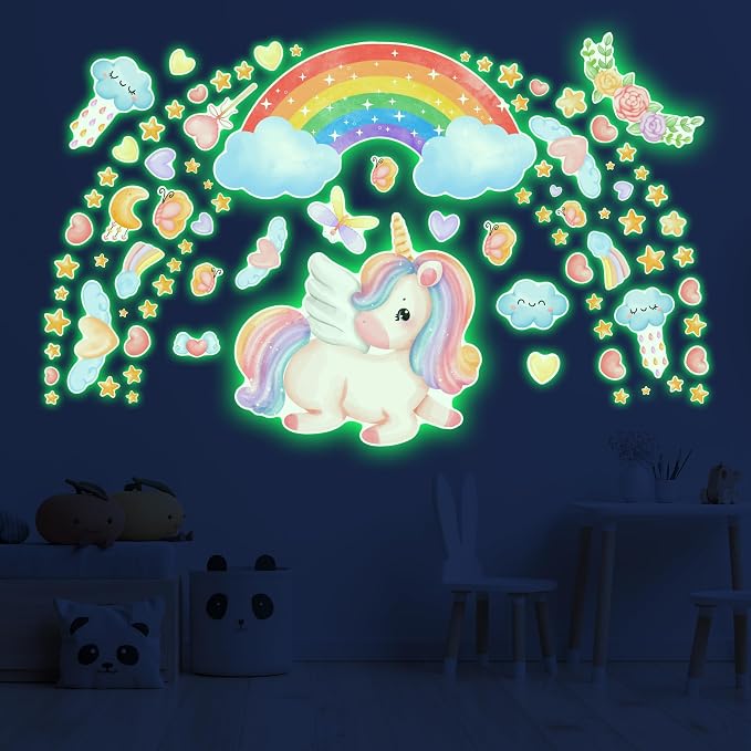 Large Unicorn and Rainbow Wall Decals Glow in The Dark, Cute Stars Stickers for Baby Girls Room, Luminous Ceiling Decor for Bedroom Playroom Nursery by Robmoda