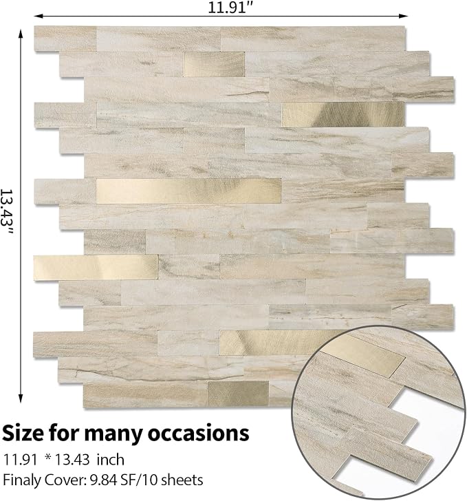 Yipscazo 10 Sheets Peel and Stick Stone Metal Tile Backsplash, Stick on Tiles for Backsplash Kitchen, Bathroom, Laundry Room, Camper, Fireplace (12'' X 12'', Beige Stone with Gold) - Image 4