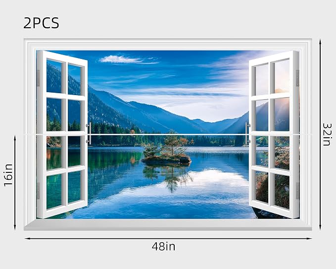 FLFK Fake Window Wall Mural - Mountain Lake Faux Window Wall Sticker for Wall Decor, Peel and Stick Wall Decals,48"x32",Set of 2 Sheets - Image 2