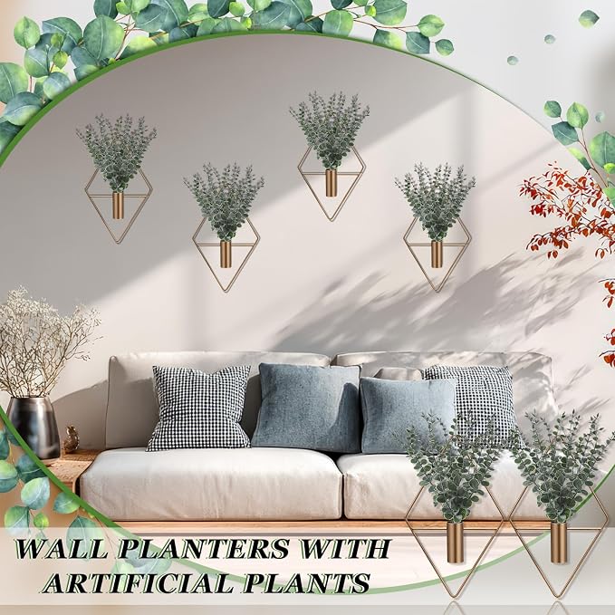 Jexine 4 Pcs Hanging Artificial Planters Wall Decor, Antique, Eucalyptus | Bathroom Wall Decor, Geometric Metal Vase, Indoor Plants, Living Room, Home Office, Entryway, Boho Accent, Wall Mounted - Image 4