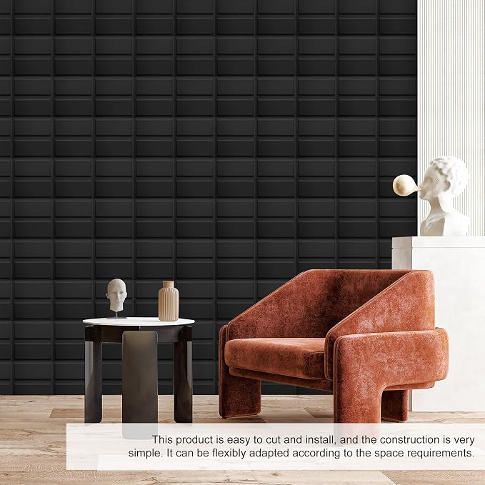 12 Pack 3D Wall Panels for Interior Wall Decor, Accent Wall Panels for Office Living Room Bedroom Hotel Lobby, 12''x12'' Fiber Chocolate Wallpapers Cover 12.Sq.Ft（Black） - Image 7
