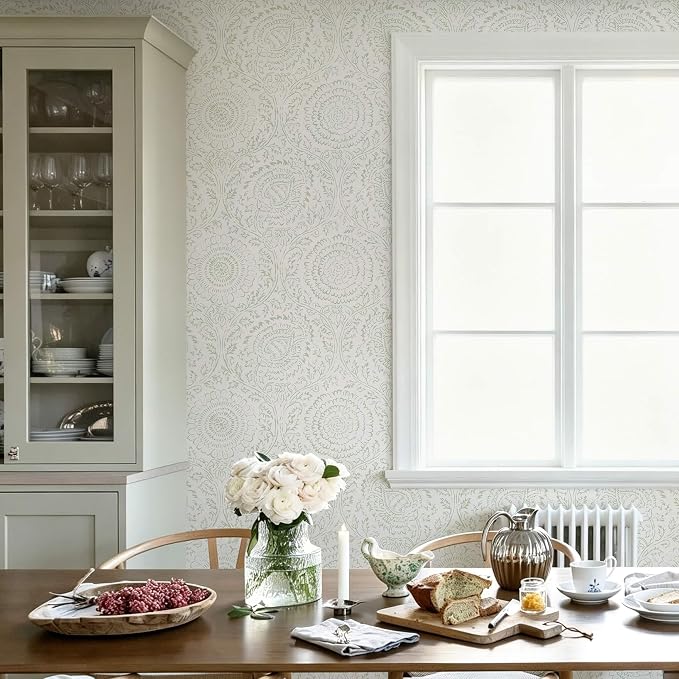 Ismoon Green Peel and Stick Wallpaper Boho Floral Contact Paper 17.3x196in | Beige Renter Friendly Wall Paper Textured Self Adhesive Removable Wallpaper for Bedroom Kitchen Thicken Vinyl Waterproof - Image 8