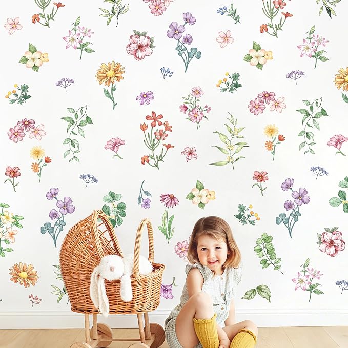 Wildflower Wall Decals - 9 Sheets 60 Pcs Boho Flower Botanical Plants Wall Stickers Peel and Stick Vinyl Stickers for Living Room Bedroom Sofa TV Backdrop Decor | Wall Decor for Bedroom Living Room Office TV Wall by Supzone